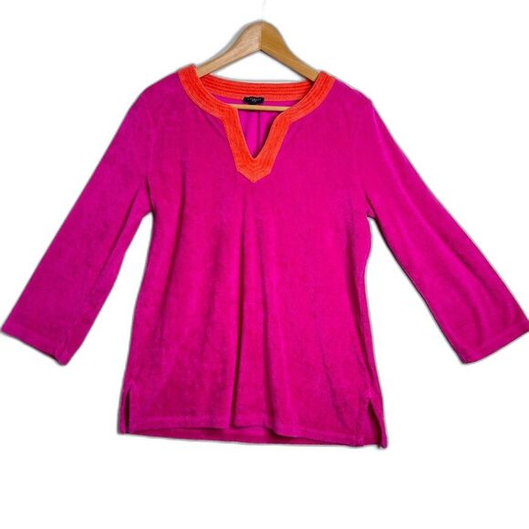 TALBOTS Women’s Terry Cloth Tunic Top Split Neck Soft M Petite cottagecore Golf - Picture 1 of 6